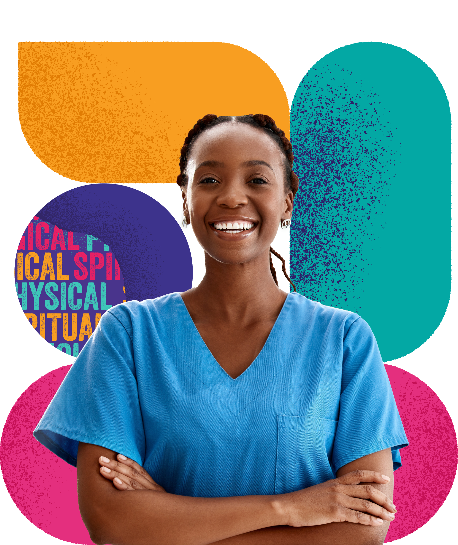 A woman wearing scrubs stands smiling with her arms crossed.